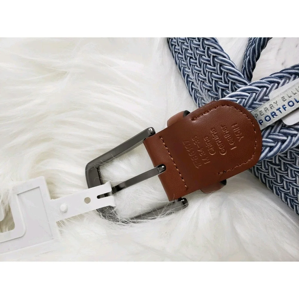 NEW Perry Ellis Portfolio Men Blue Stretch Woven Belt Golf Preppy Chambray 30-32